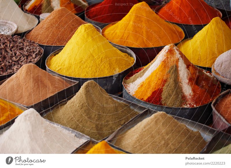 #A# Gewürz in Quer Kunst ästhetisch Kräuter & Gewürze Gewürzpfeffer Gewürzregal Gewürzladen Pfeffer Curry Marokko Marrakesch getürmt gelb Farbfoto mehrfarbig