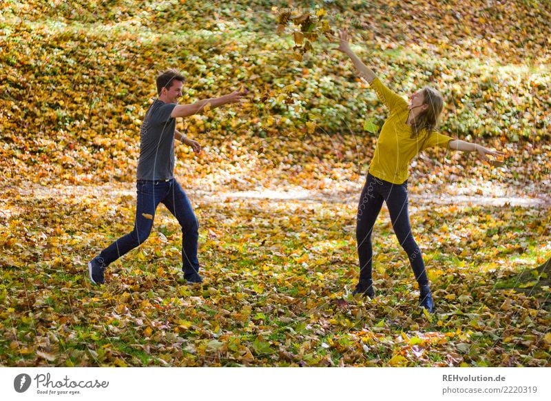 Paar macht eine Blätterschlacht im Herbst Junger Mann Junge Frau Erwachsene Partner 18-30 Jahre Umwelt Natur Schönes Wetter natürlich lustig Glück Zusammensein