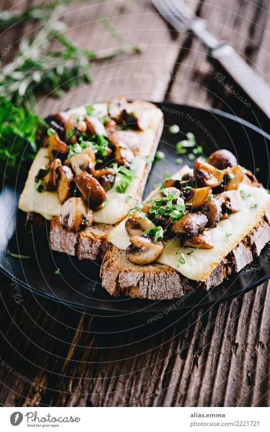 Geröstetes Brot mit Raclette-Käse und Champignons Gesunde Ernährung Speise Essen Foodfotografie Lebensmittel Raclettekäse Pilz rustikal herzhaft lecker Herbst