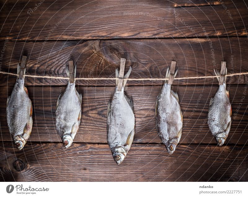 fünf getrockneter gesalzener Fisch Ram Meeresfrüchte Ernährung Tisch Seil Menschengruppe Natur Tier Holz hängen natürlich oben retro braun Konsistenz