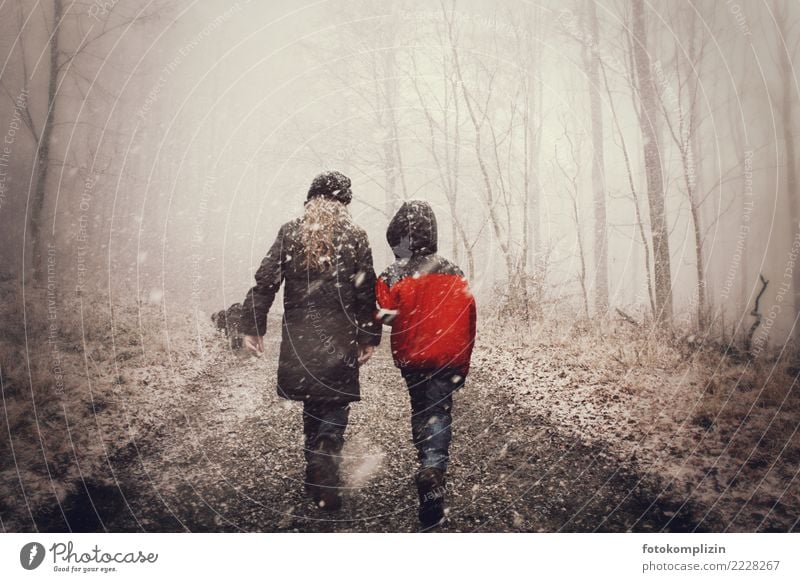 Wintermärchen: zwei Kinder auf einem verschneiten, nebeligen Waldweg Zweisamkeit Schnee wandern Mensch Mädchen Junge Geschwister Kindheit 2 gehen Kommunizieren