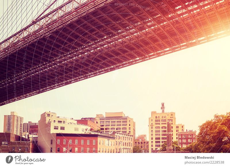 Unter der Brooklyn Bridge bei Sonnenuntergang. Stadt Haus Brücke Gebäude Architektur Mauer Wand authentisch Güterverkehr & Logistik New York State Großstadt