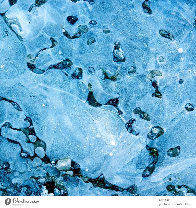 Blaue Stunde Wasser Winter Wetter Eis Frost Pfütze Stein kalt blau gefroren Farbfoto abstrakt Muster Abend Textfreiraum Menschenleer Hintergrundbild