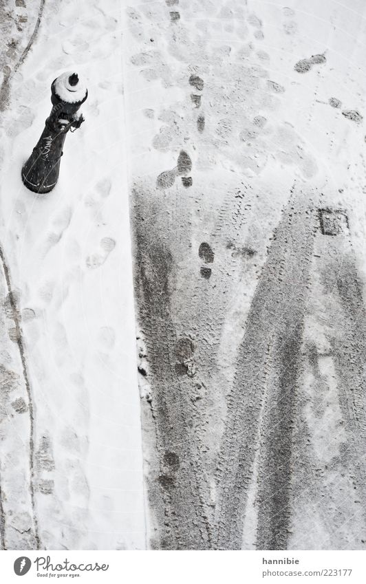 Spurensuche Straße grau schwarz weiß Bürgersteig Hydrant Winter kalt Reifenspuren Schnee Farbfoto Gedeckte Farben Außenaufnahme Menschenleer Textfreiraum unten