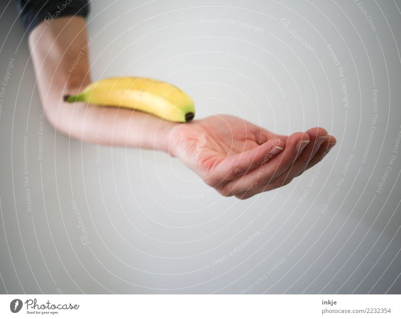 ausgewogene Ernährung 2 Frucht Banane Bioprodukte Vegetarische Ernährung Diät Slowfood Arme Hand 1 Mensch festhalten liegen frisch Gesundheit gelb Zufriedenheit
