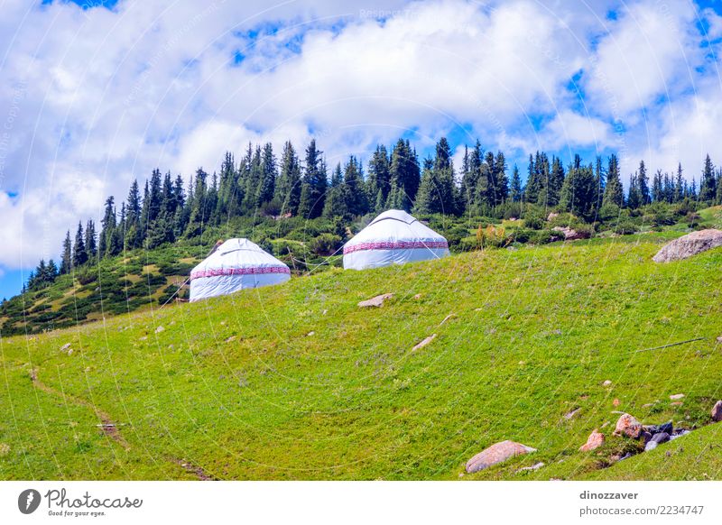 Jurten auf grünen Wiesen, Kirgisistan Lifestyle Ferien & Urlaub & Reisen Tourismus Abenteuer Camping Sommer Berge u. Gebirge Haus Kultur Umwelt Natur Landschaft