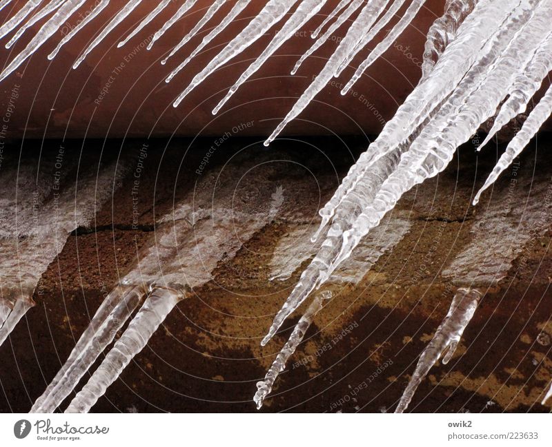 Verschnupfte Dachrinne Wasser Winter Eis Frost Mauer Wand Fassade festhalten hängen leuchten dünn einfach lang Spitze viele braun grau schwarz silber Coolness