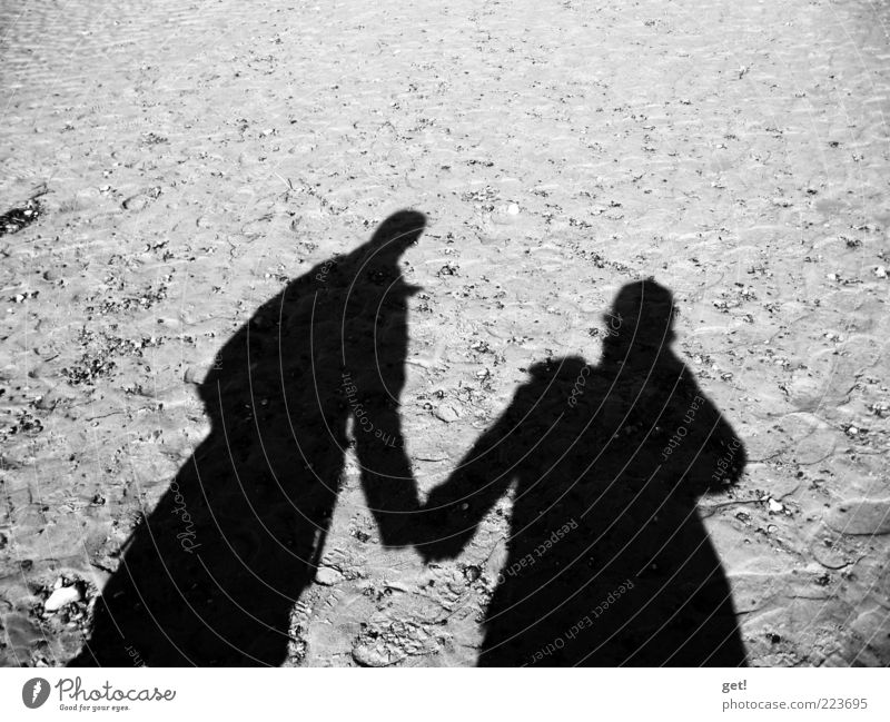 Ein Paar Mensch Partner 2 Liebe Schwarzweißfoto Reflexion & Spiegelung Schatten Textfreiraum oben Hand in Hand Sand Silhouette Liebespaar Zusammensein