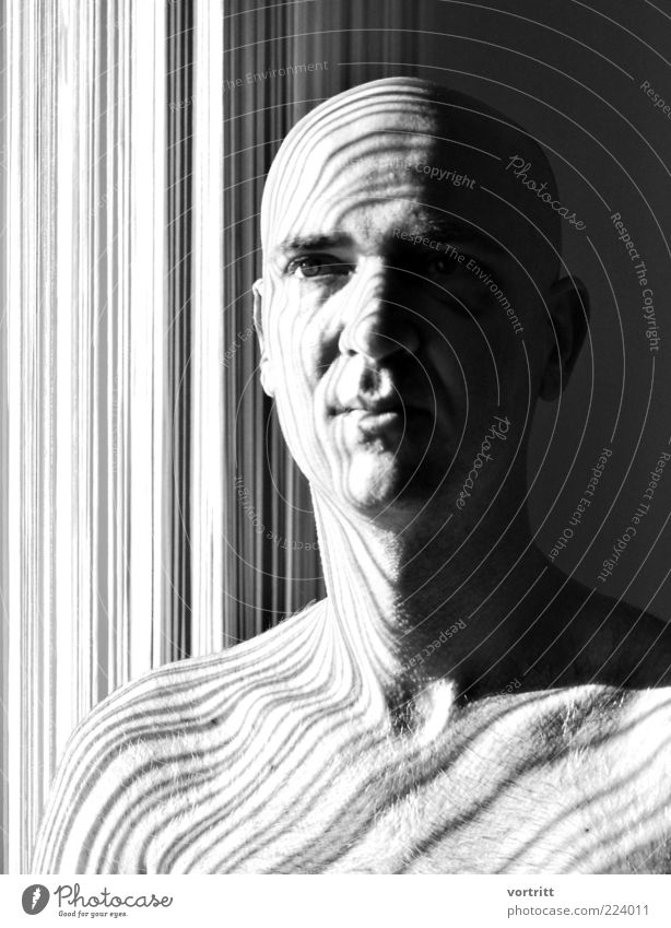 angeschlagen Design Mensch maskulin Kopf 1 30-45 Jahre Erwachsene Glatze grau schwarz weiß ästhetisch Barcode Lichtspiel Schatten Vorhang Schwarzweißfoto