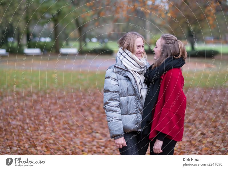 Teffen im Park Ausflug Mensch feminin Junge Frau Jugendliche Freundschaft Partner Leben 2 18-30 Jahre Erwachsene Natur Herbst Wiese schön Freude Glück