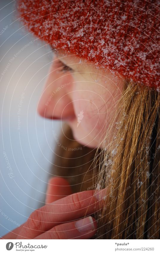 An einem Wintertag feminin Junge Frau Jugendliche Kopf Gesicht 1 Mensch 18-30 Jahre Erwachsene Schnee Mütze brünett langhaarig beobachten berühren genießen