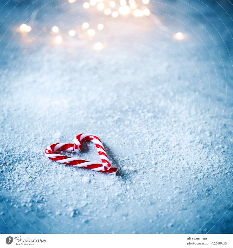 Candy Canes Süßwaren Zuckerstange Weihnachten & Advent Herz blau Unschärfe Winter Schnee Schneefall Weihnachtsgeschenk Postkarte Textfreiraum
