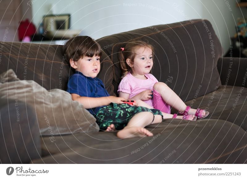 Kleinkindjunge und -mädchen, die das Videospiel zu Hause sitzt auf Sofa spielt Lifestyle Freude Glück Freizeit & Hobby Spielen Kind Technik & Technologie