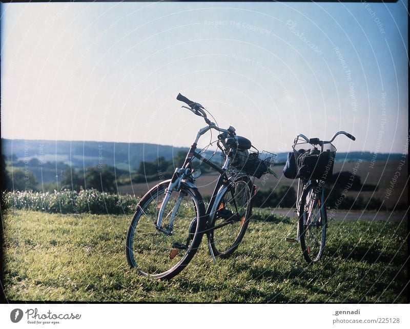 I want to ride my bicycle Wolkenloser Himmel Schönes Wetter Gras Fahrrad stehen trendy einzigartig nachhaltig natürlich Dia analog ruhig Pause warten stoppen