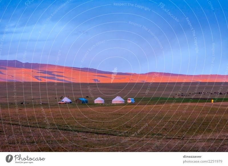 Jurten im Sonnenuntergang, Song Kul, Kirgisistan Ferien & Urlaub & Reisen Tourismus Camping Sommer Berge u. Gebirge Haus Kultur Natur Landschaft Gras Wiese