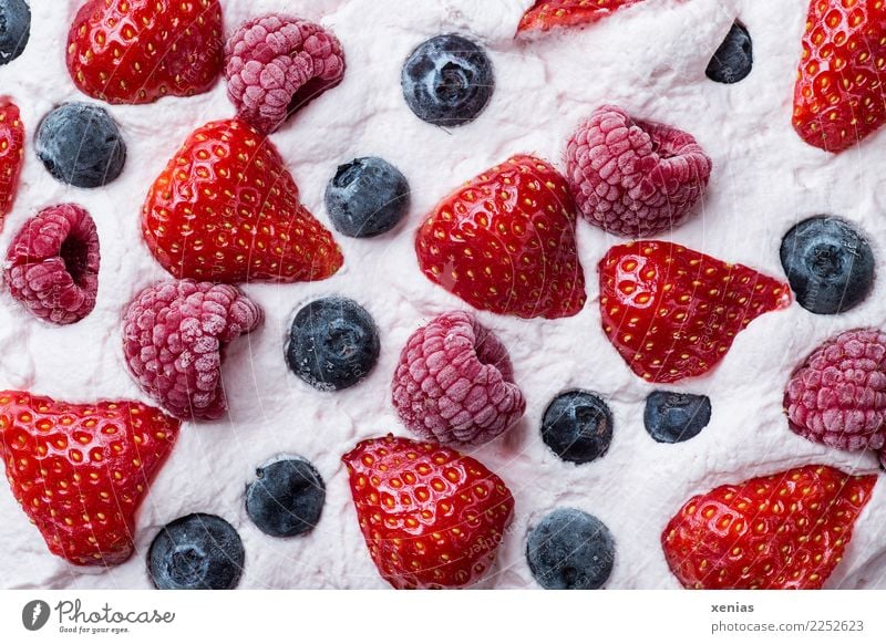 Sahnecreme mit Erdbeeren, Himbeeren und Blaubeeren Dessert Milcherzeugnisse Frucht Kuchen Ernährung Kaffeetrinken Bioprodukte Essen genießen frisch Gesundheit