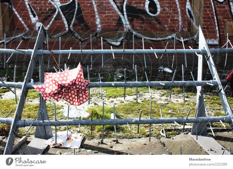 Umbrella-ella-ella-e-e-e Menschenleer Brücke Mauer Wand Stacheldraht Regenschirm Zeitung Zeichen Schriftzeichen Graffiti Aggression Armut dreckig trashig