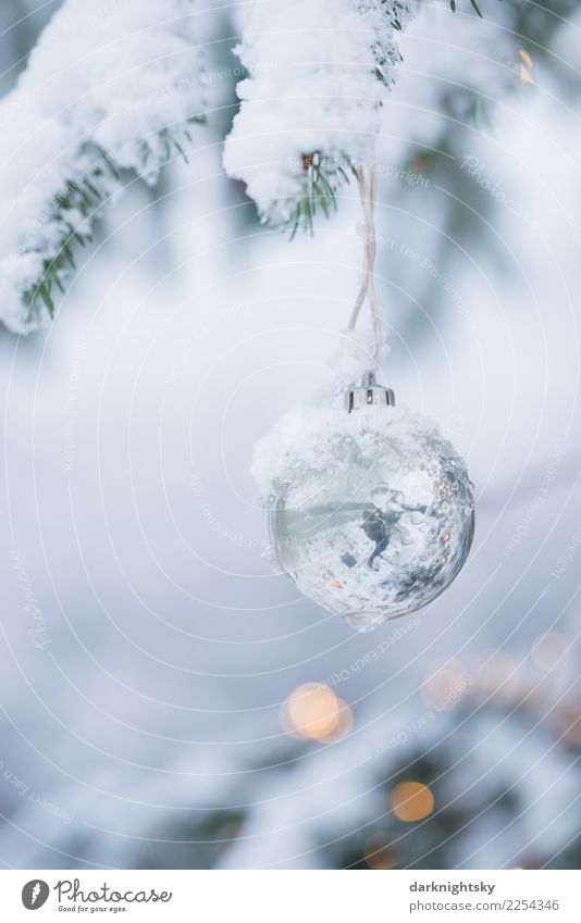 Weihnachtlicher Baum mit silbener Kugel und Schnee Stil Design harmonisch Erholung ruhig Meditation Winter Winterurlaub Weihnachten & Advent Weihnachtsbaum