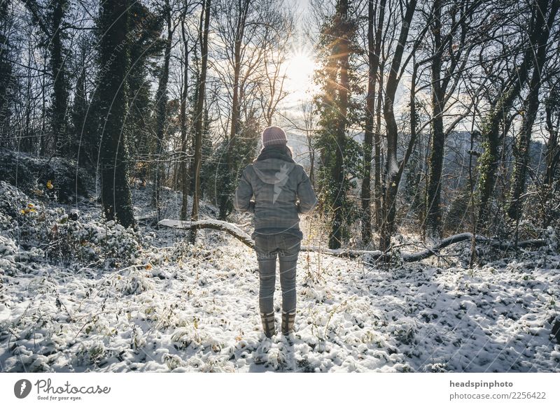 Junge Frau in einem schneebedeckten Wald blickt in die Sonne Körper Gesundheit Leben Ferien & Urlaub & Reisen Tourismus Ausflug Winterurlaub wandern feminin
