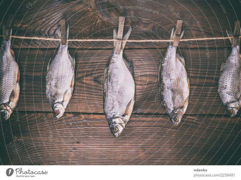 Fische, die in Skalen rammen Meeresfrüchte Ernährung Seil Tier Holz hängen natürlich oben retro braun Konsistenz Hintergrund trocknen Holzplatte Feinschmecker