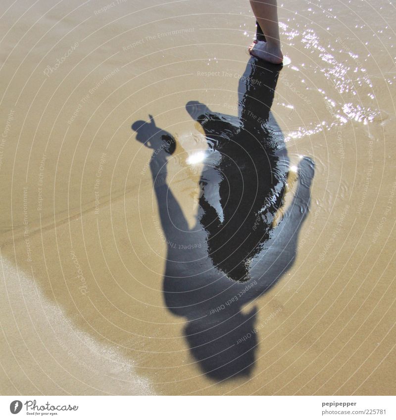 relaxt Erholung Sommer Sommerurlaub 1 Mensch Sand Wasser Strand Flipflops laufen Gedeckte Farben Außenaufnahme Detailaufnahme Tag Schatten Silhouette