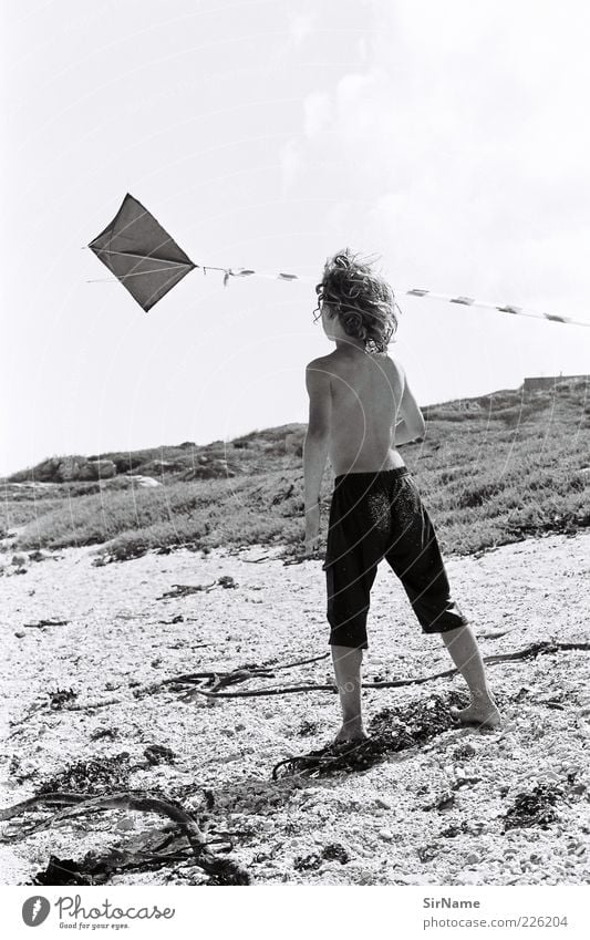 139 [Kinderträume II] Spielen Kinderspiel Drachenfliegen Ferien & Urlaub & Reisen Freiheit Sommer Sommerurlaub Strand Junge Kindheit 3-8 Jahre Wind beobachten