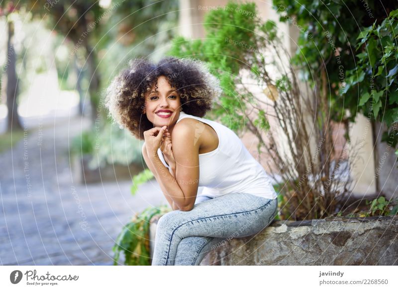 Junge schwarze Frau mit Afro-Frisur lächelnd im Stadtpark Lifestyle Stil schön Haare & Frisuren Sommer Mensch feminin Junge Frau Jugendliche Erwachsene 1