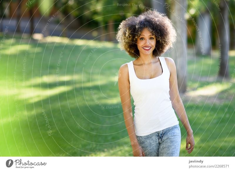 Schwarze Frau mit Afro-Frisur lächelnd im Stadtpark Lifestyle schön Haare & Frisuren Sommer Mensch feminin Junge Frau Jugendliche Erwachsene 1 18-30 Jahre Park