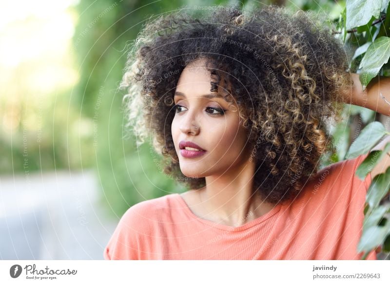 Gemischte Frau mit Afro-Frisur, die in einem Stadtpark steht. Lifestyle Stil schön Haare & Frisuren Gesicht Mensch Junge Frau Jugendliche Erwachsene 1