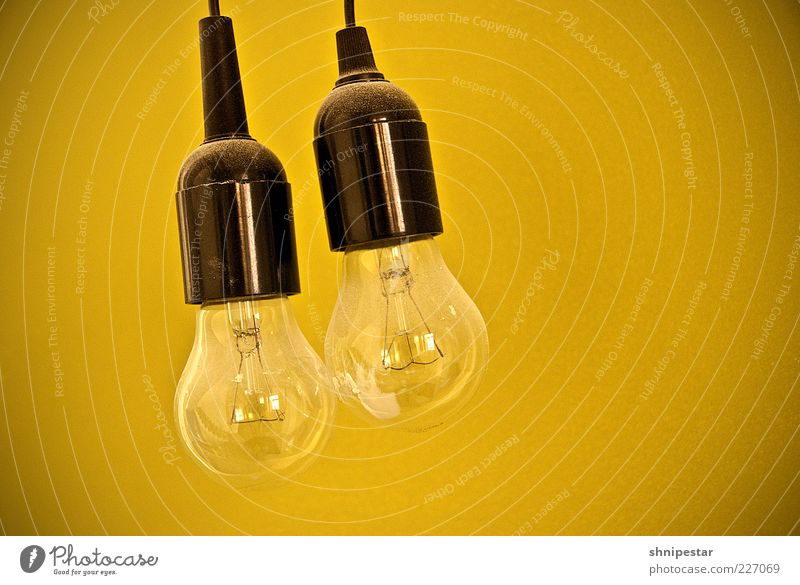 Zwei traditionelle Glühbirnen Lampe Energiewirtschaft Energiekrise Licht Farbfoto Innenaufnahme Textfreiraum rechts Freisteller Hintergrund neutral hängend