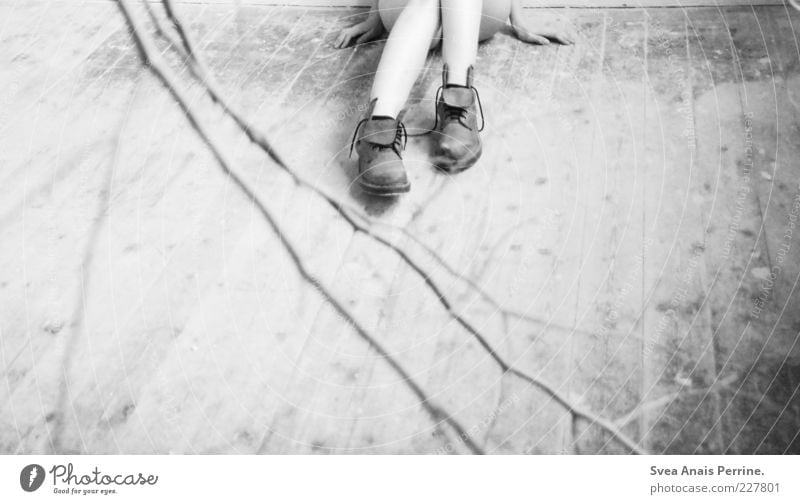 ein wenig zu laut. feminin Junge Frau Jugendliche Beine 1 Mensch Ast Holzfußboden Schuhe Stiefel sitzen kalt kaputt dünn trist Schmerz Sehnsucht Enttäuschung