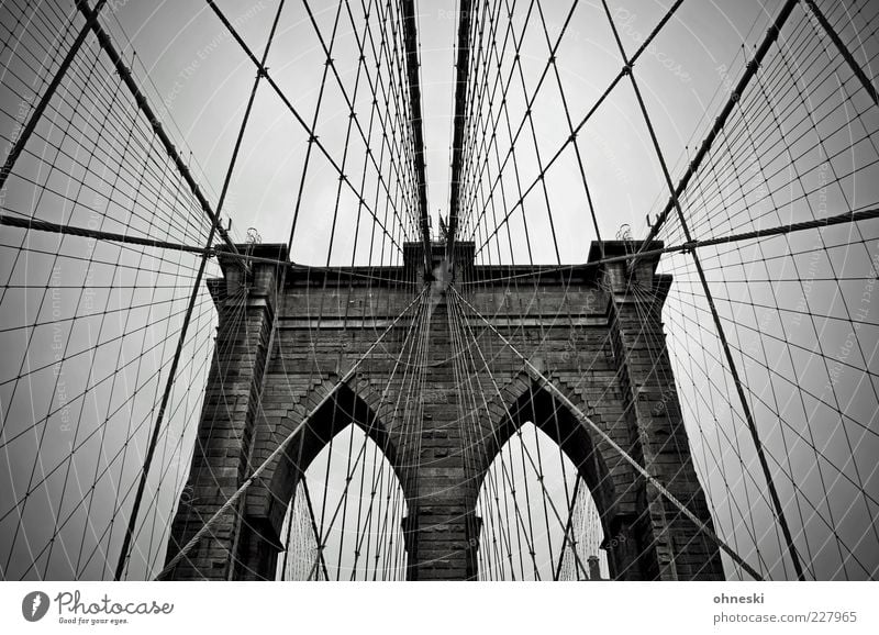 Brooklyn Bridge New York City Brücke Architektur Brückenpfeiler Sehenswürdigkeit dunkel gigantisch Netzwerk Seil Schwarzweißfoto Außenaufnahme Stahlkabel