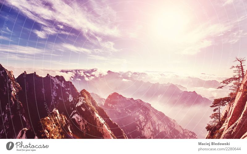 Sonnenuntergang gesehen Form Berg Hua South Peak, China. Ferien & Urlaub & Reisen Tourismus Abenteuer Berge u. Gebirge wandern Natur Landschaft Himmel Nebel