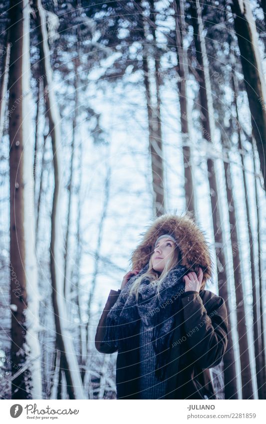 Junge Frau in einem schneebedeckten Forrest am Winter, der den Himmel schaut Lifestyle Ferne Freiheit Winterurlaub Mensch feminin Jugendliche 13-18 Jahre