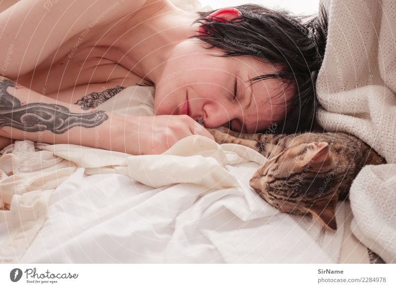 415 [three cats] Häusliches Leben Junge Frau Jugendliche Erwachsene Gesicht Mensch 18-30 Jahre Tattoo schwarzhaarig Haustier Katze Krallen Pfote Tier berühren