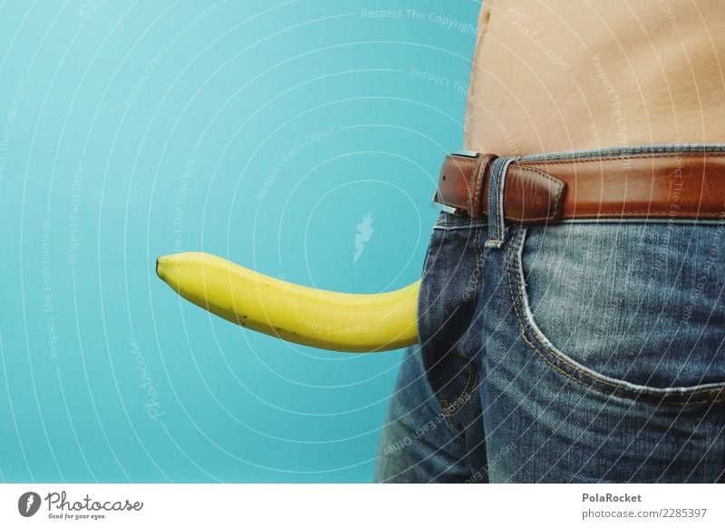 #AS# Banana Boy Mensch maskulin stehen Banane Jeanshose Gürtel blau Erotik lustig Menschenleer Körper frech nackt selbstbewußt Hochmut gestikulieren anstößig