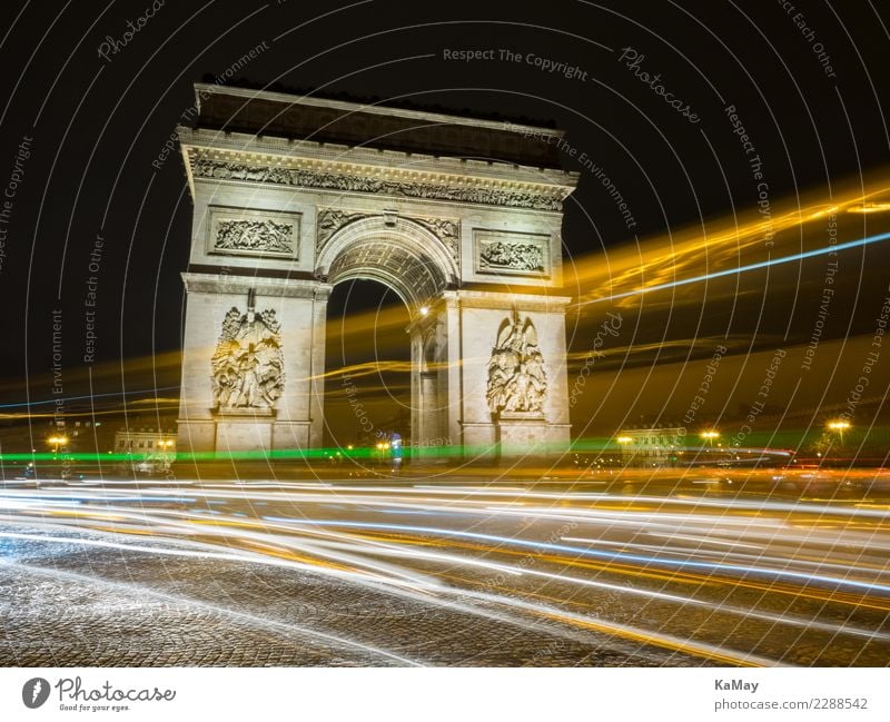 Arc de Triump mit Lichtspuren Paris Frankreich Europa Stadt Stadtzentrum Menschenleer Bauwerk Architektur Triumphbogen Sehenswürdigkeit Wahrzeichen Denkmal
