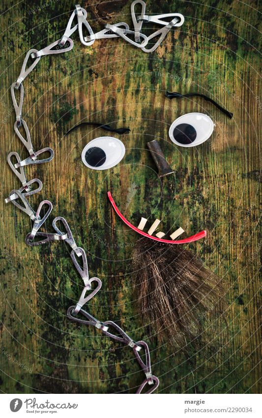 Emotionen...coole Gesichter: Collage Sepp Freizeit & Hobby Mensch maskulin Auge Mund Zähne Bart 1 braun grün rot Kreativität Schraube Kette Holzbrett Baum