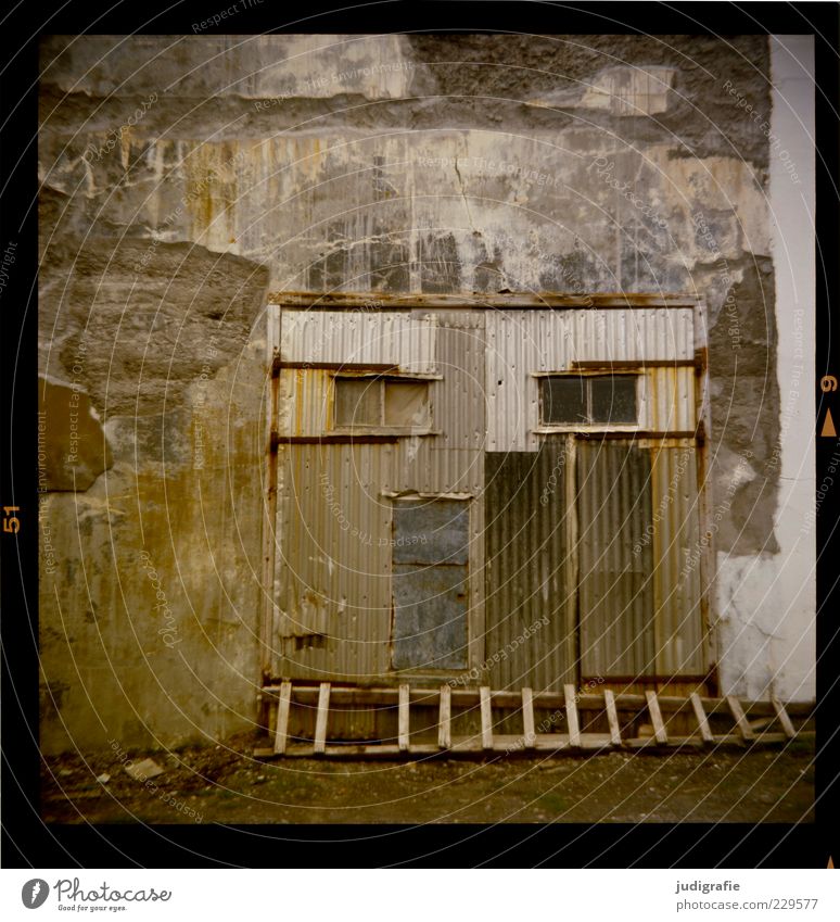 Island Djúpavík Haus Fabrik Ruine Bauwerk Gebäude Mauer Wand Fassade Tür alt trashig Verfall Vergangenheit Wandel & Veränderung Fischfabrik Wellblech Leiter