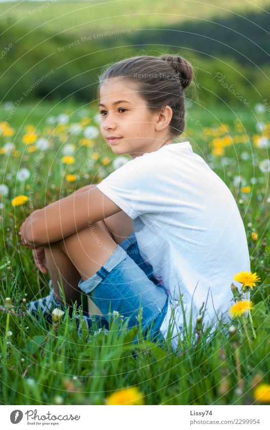Sommerwiese Kind Mädchen Kindheit 1 Mensch 8-13 Jahre Natur Blume Gras Löwenzahn Wiese Blumenwiese T-Shirt Jeanshose beobachten Denken Lächeln träumen