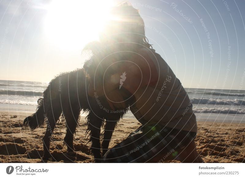 Kind umarmt Hund am Meer Zuneigung Umarmung zärtlich Freundschaft Umarmen berühren festhalten Glück Zusammensein Gefühle Vertrauen Tierliebe Schutz Geborgenheit