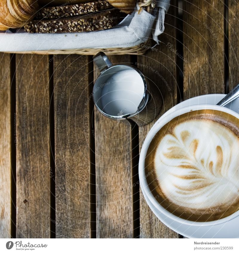 Guten Morgen Montag Lebensmittel Brot Ernährung Frühstück Getränk Heißgetränk Kaffee Geschirr Teller Tasse Löffel Lifestyle Wohlgefühl Sinnesorgane Gastronomie