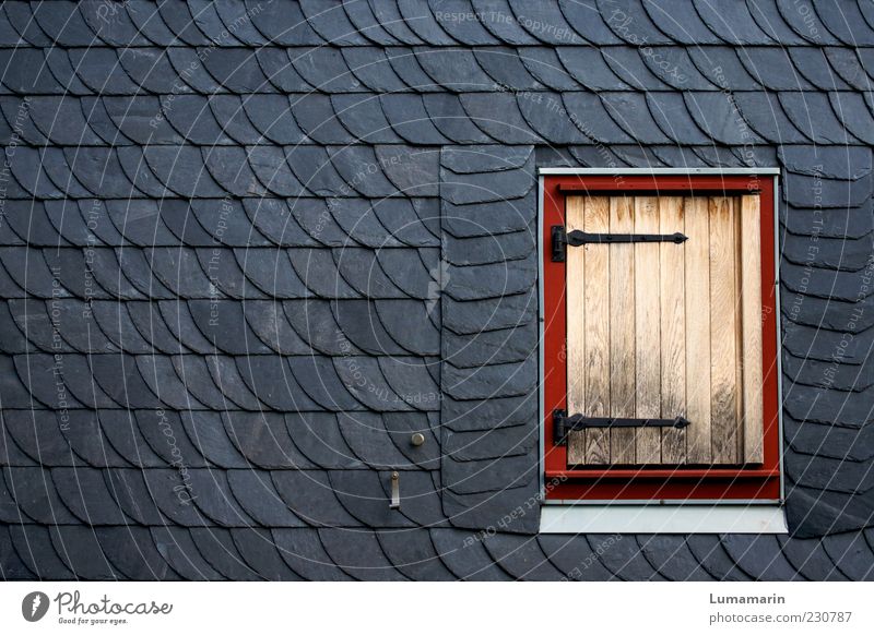 Klappe zu. Haus Mauer Wand Fassade Fenster einfach grau rot Ordnung ruhig Trennung Umwelt Schiefer Holz Fensterladen Unbewohnt Ziegelbauweise streng gerade