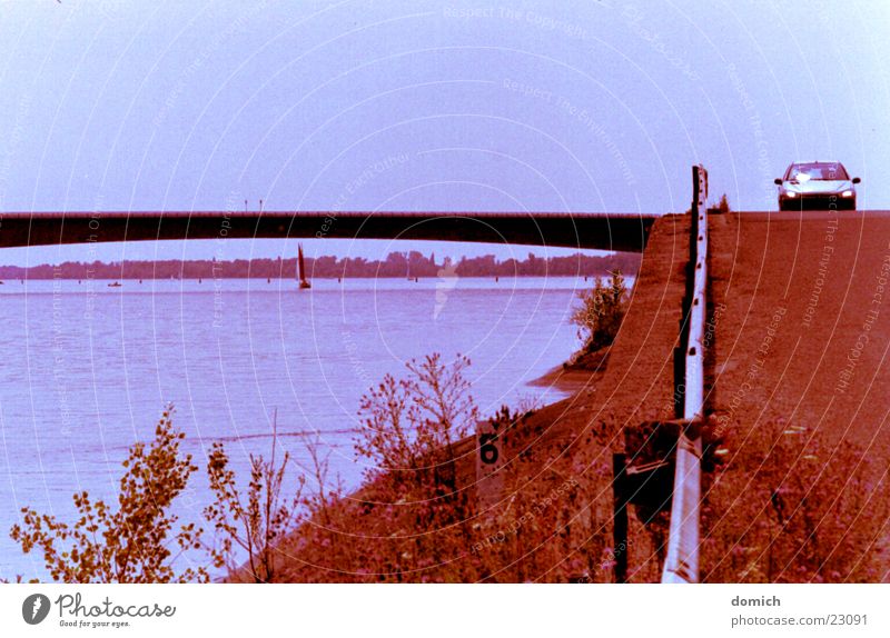 Entlang des Rheines fahren Leitplanke Segeln Teer Verkehr PKW Fluss Wasser Brücke Straße Küste blau Landschaft