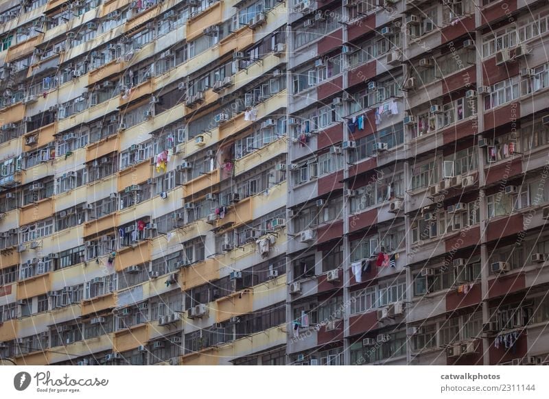 Hongkong Architektur Stadt Haus Gebäude Mauer Wand Balkon Fenster Wahrzeichen Umweltverschmutzung Farbfoto Außenaufnahme Menschenleer Morgen Zentralperspektive