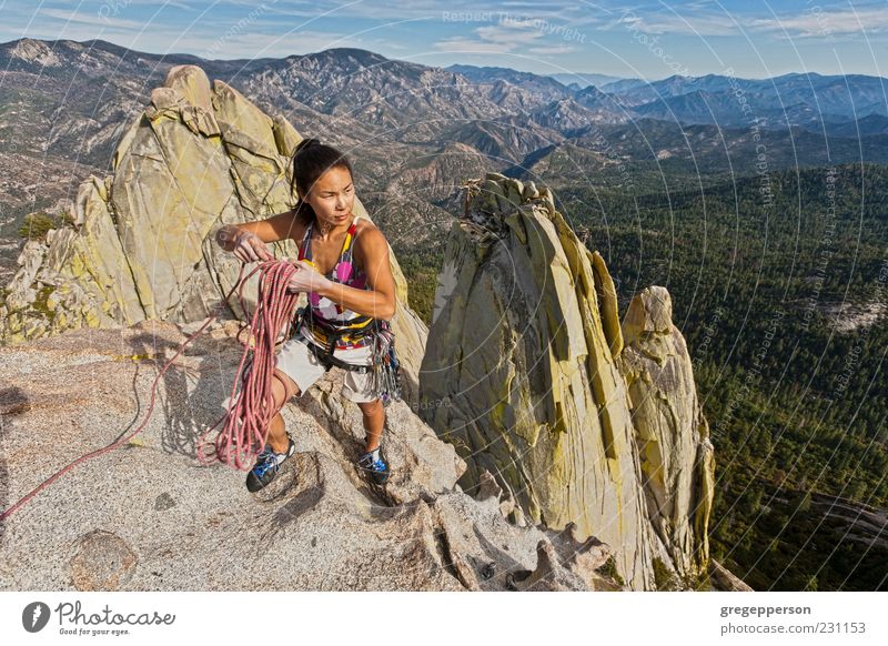 Kletterer, der sich an eine Klippe klammert. Abenteuer Sport Klettern Bergsteigen Erfolg Seil Junge Frau Jugendliche 1 Mensch 18-30 Jahre Erwachsene Natur