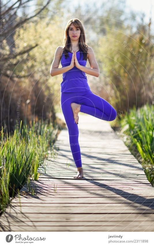 Junge Frau beim Yoga in der Natur Lifestyle Körper Erholung Meditation Sport Mensch Jugendliche Erwachsene 1 18-30 Jahre Baum Fitness Fröhlichkeit natürlich