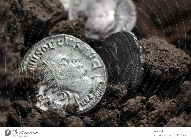 Römische Münze mit Portrait des Kaisers Kapitalwirtschaft Business Kunst Metall Zeichen Geld rund braun silber Münzenberg Geldmünzen König Kostbarkeit selten