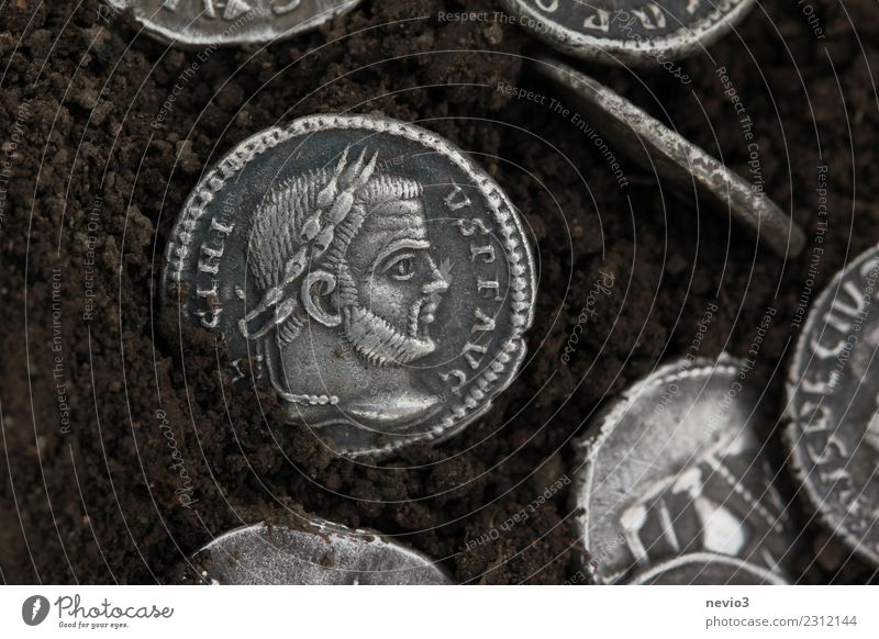 Römische Münze mit Portrait des Kaisers Kapitalwirtschaft Business Souvenir Sammlung Sammlerstück Metall Zeichen Geld rund braun silber Geldmünzen Münzenberg