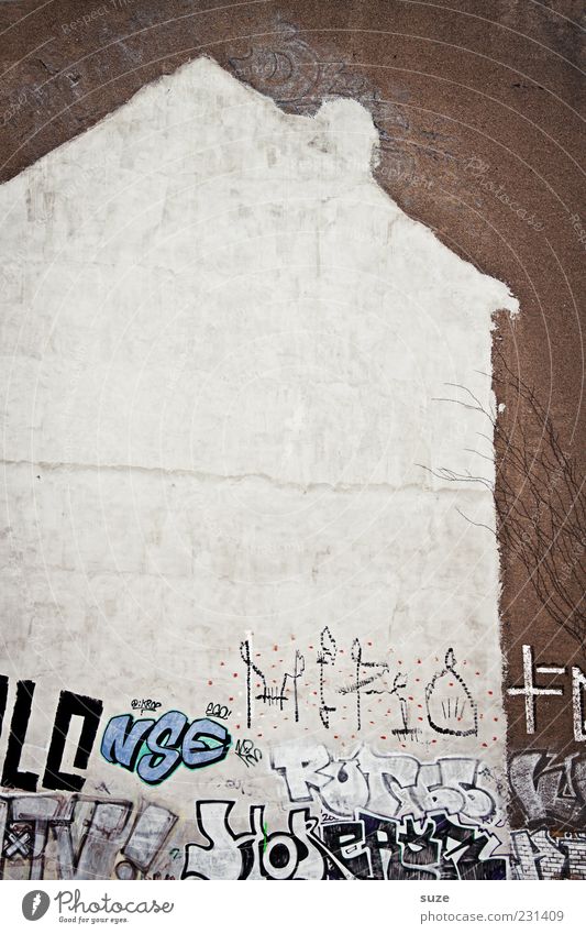 Das weiße Haus Baustelle Kunst Kunstwerk Stadt Ruine Mauer Wand Fassade Dach Schornstein Stein Beton Zeichen Graffiti alt dreckig kaputt trist braun stagnierend